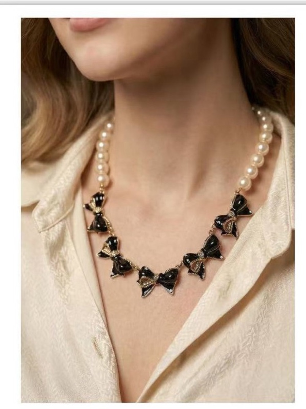 Pearl and Black Bow Statement Necklace gold plated